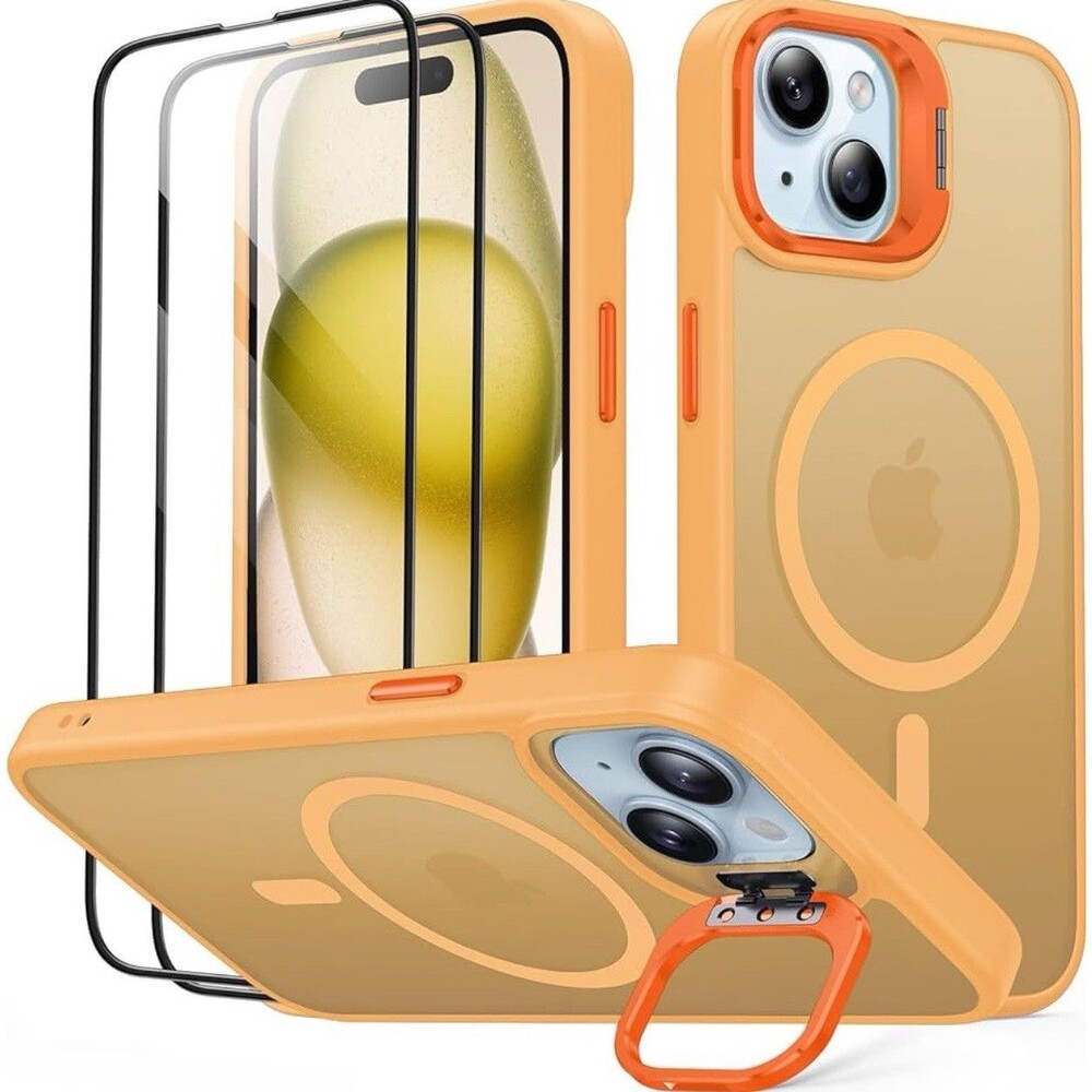 JAME iPhone 15 Case Built-in Camera Kick-Stand Magnetic Screen Protector Orange